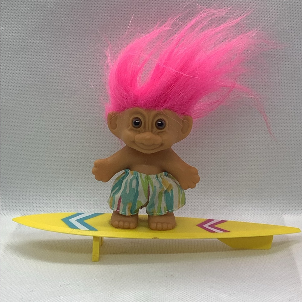 Vintage Russ Troll 5" Doll Surfer Striped Shorts Surfboard Pink Hair Toy